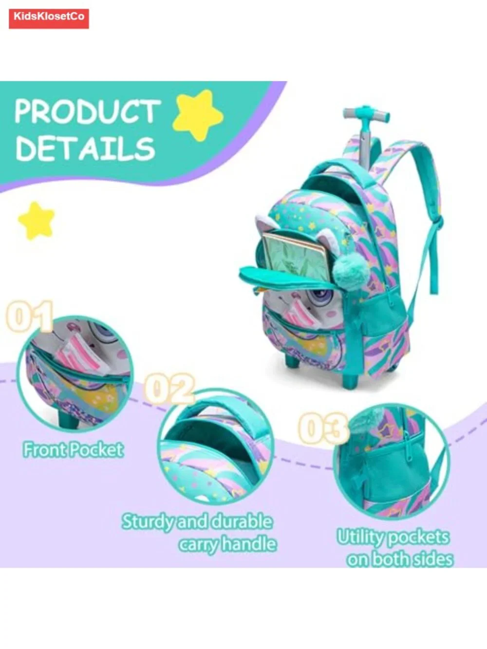 Kids Rolling Backpack with Wheels 3-Piece Set Trolley Luggage for Girls School
